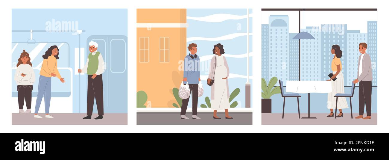 Etiquette rules set with three square compositions of elderly and young