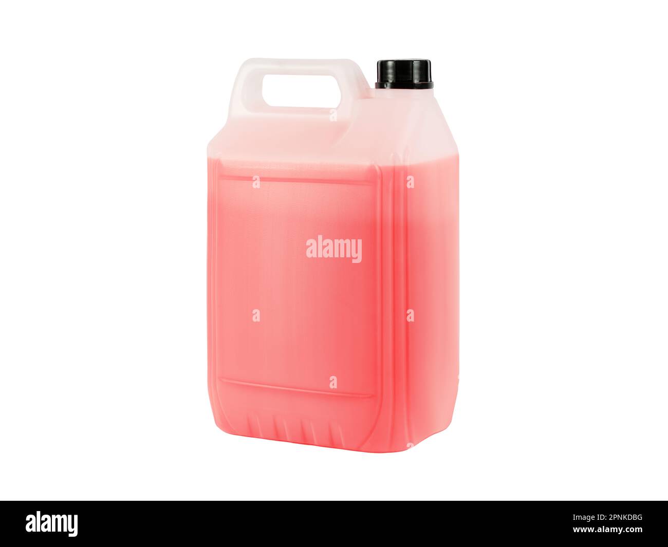 Pink antifreeze in canister. Non-freezing cleaning liquid. There are places for a label. Stock Photo