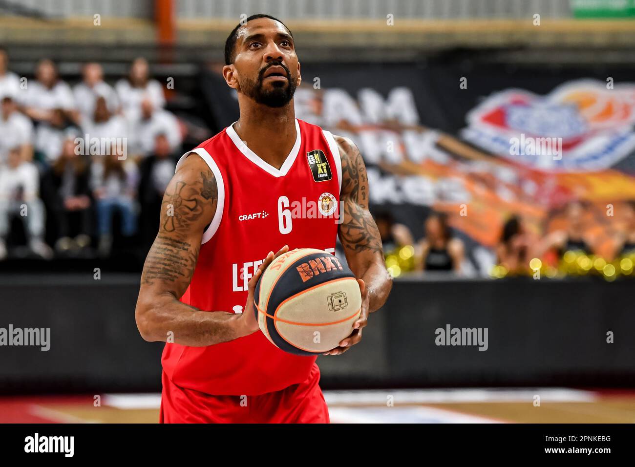Limburg, Belgium. 19th Apr, 2023. Leeuwarden's Jason Dourisseau pictured during a basketball match between Limburg United (Belgium) and Aris Leeuwarden (Netherlands), Wednesday 19 April 2023 in Limburg, on day 8 (out of 10) in the elite Gold, cross-boarder phase of the 'BNXT League' Belgian and Netherlands first division basket championship. BELGA PHOTO JILL DELSAUX Credit: Belga News Agency/Alamy Live News Stock Photo