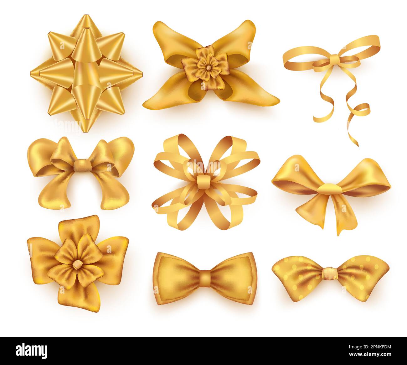 Collection of golden bows of various shapes isolated at white