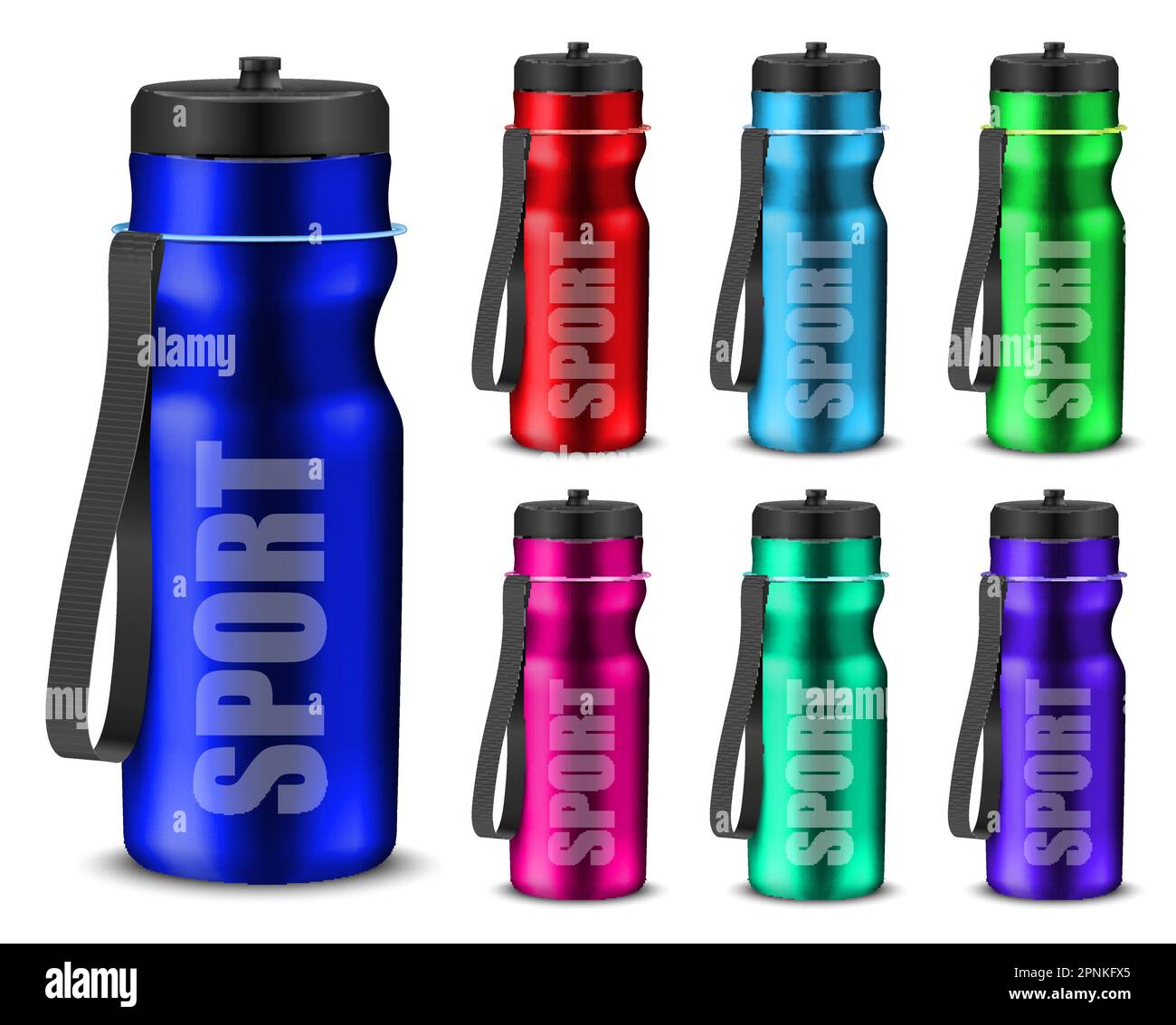 Collection of aluminum sport water bottles realistic template with
