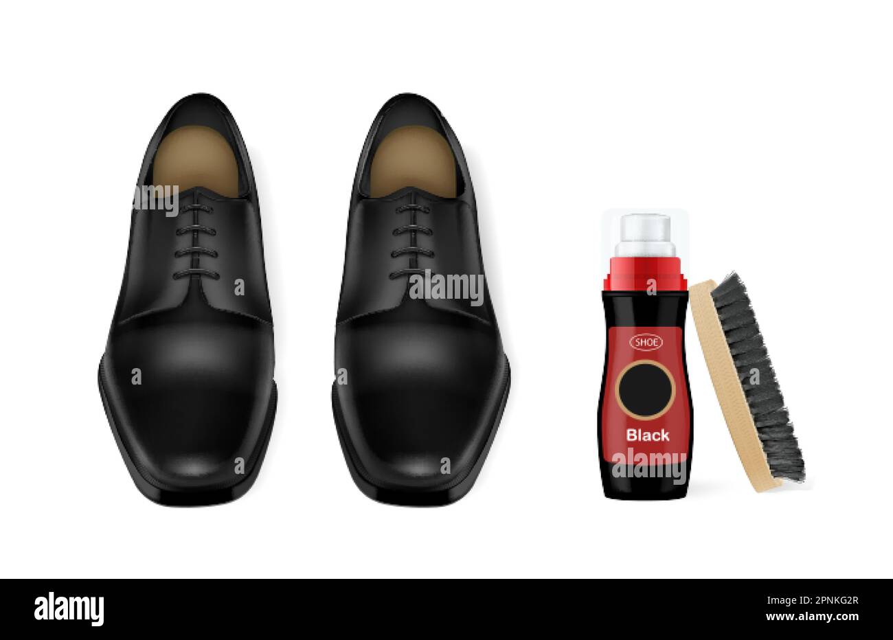 Black pair of shiny leather male shoes with shoe polish and brush