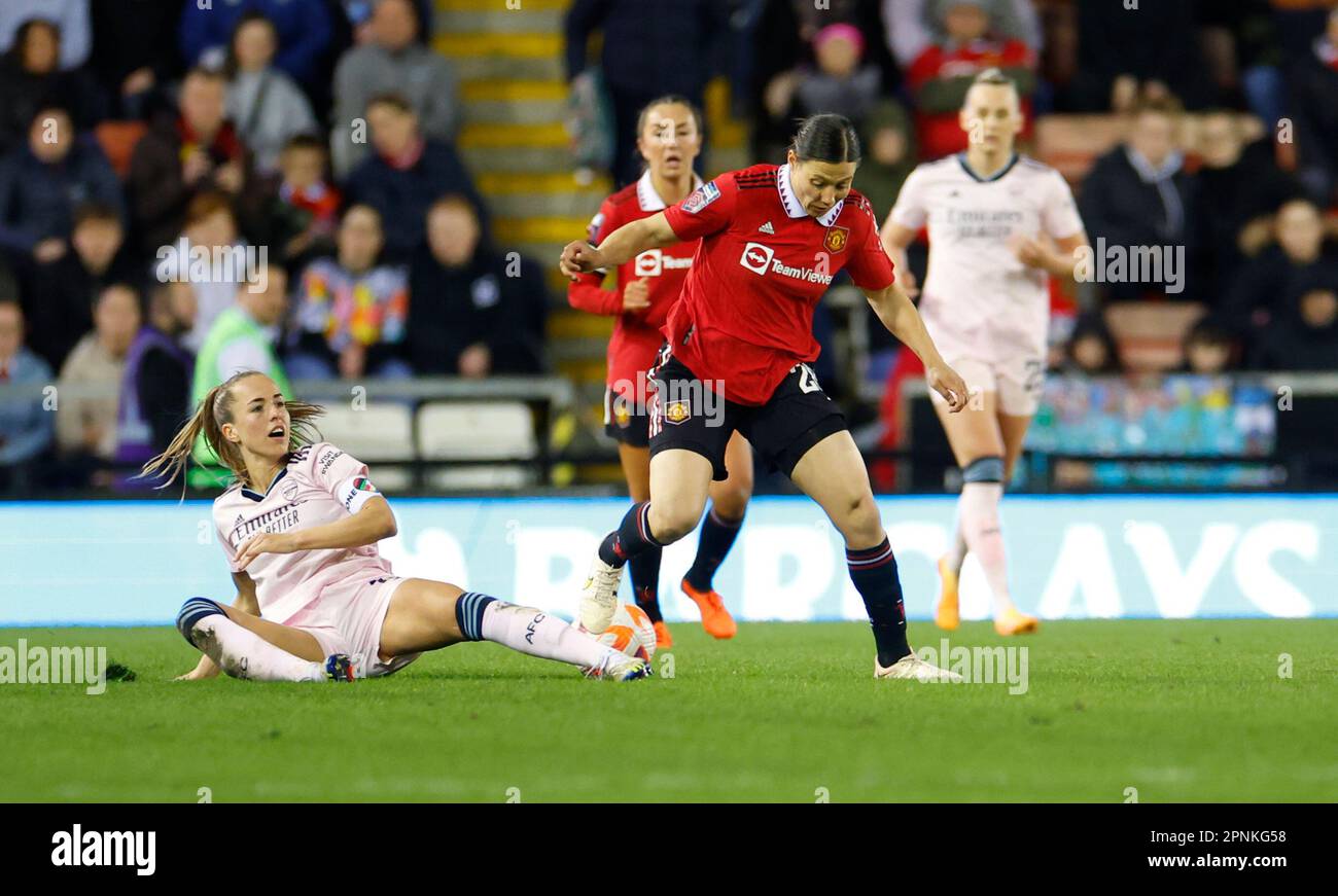 Leigh, UK. 19th Apr, 2023. Leigh, England, March 24th 2023: Lia Walti (13 Arsenal) tackles Rachel Williams (28 Manchester United) during the FA Womens Super League football match between Manchester United and Arsenal at Leigh Sports Village in Leigh, England. (James Whitehead/SPP) Credit: SPP Sport Press Photo. /Alamy Live News Stock Photo