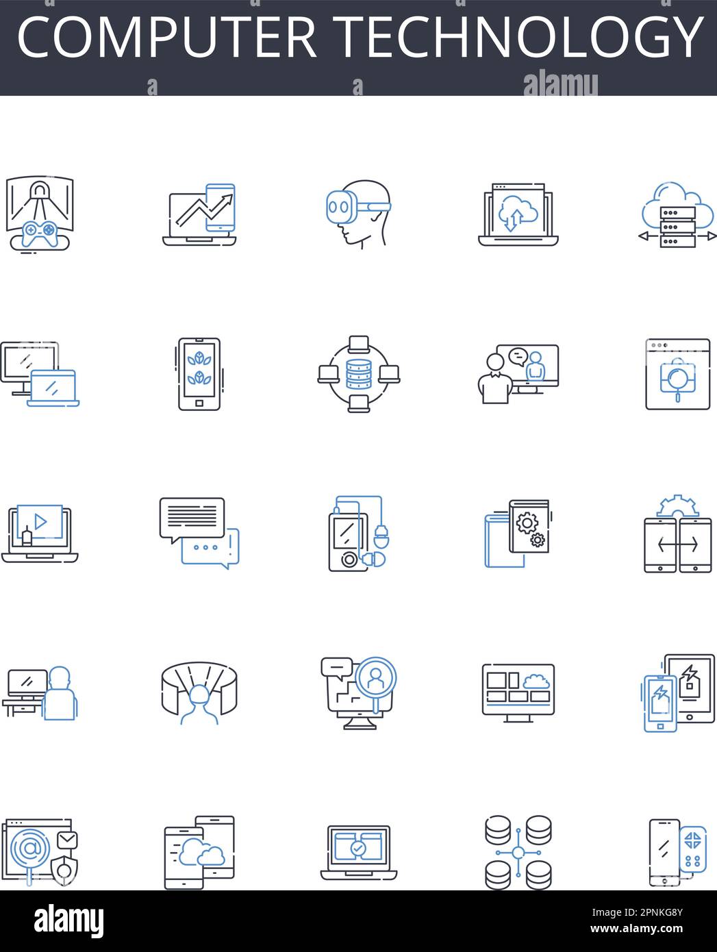 Computer technology line icons collection. Information technology, Digital innovation, Electronic advancement, Technological progress, Cyber space Stock Vector