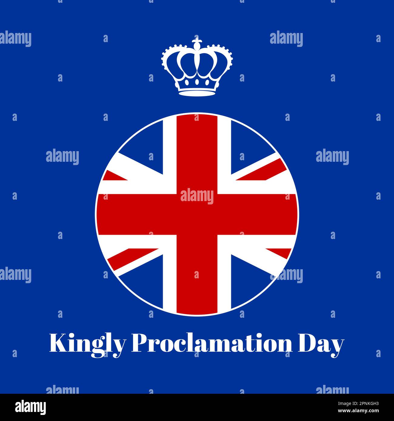 Holiday greeting card with British flag round badge, flat royal crown and text Kingly Proclamation Day on blue background. Ideal for celebrating a spe Stock Vector