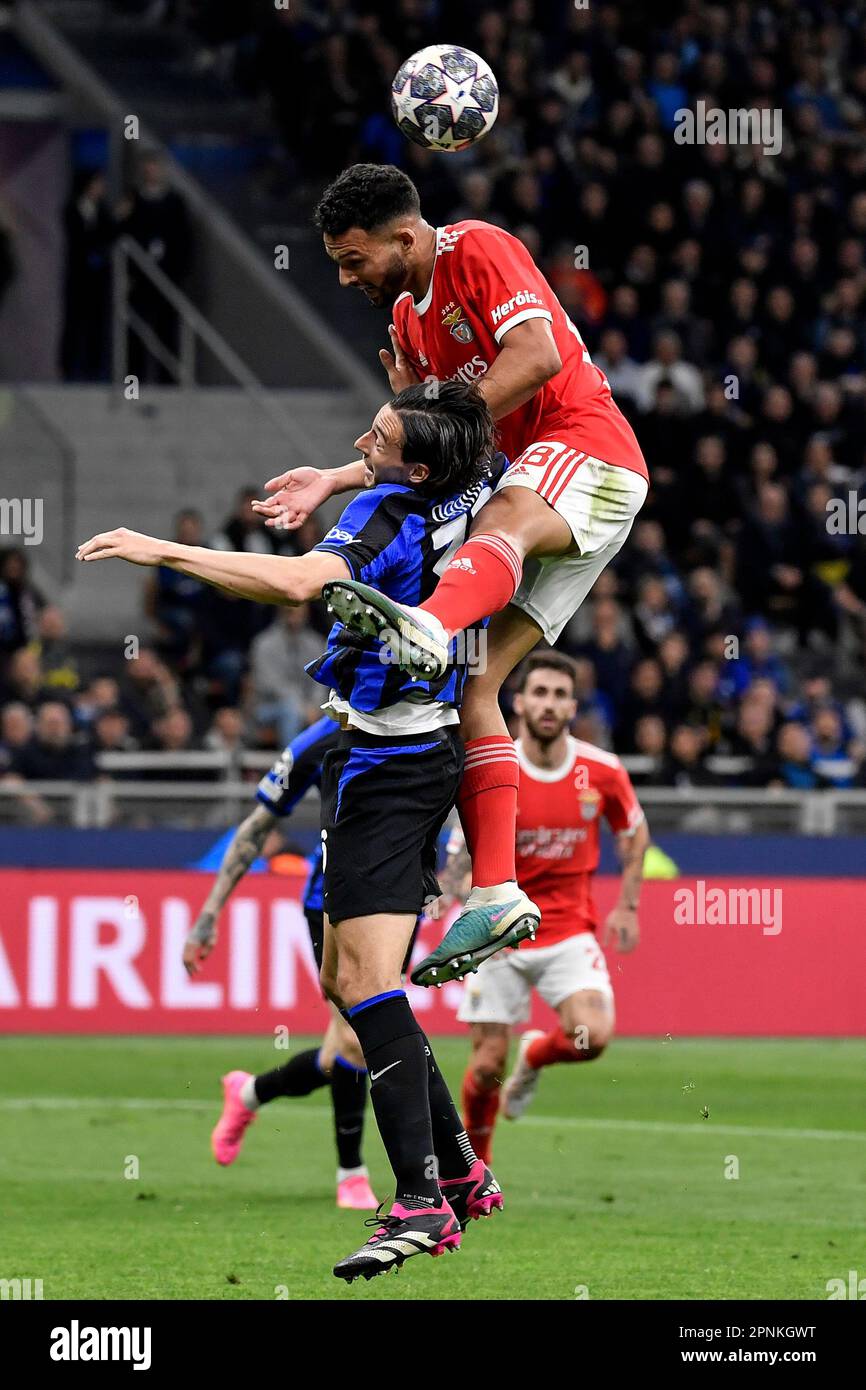 Milan, Italy. 19th Apr, 2023. Matteo Darmian of FC Internazionale and Goncalo Ramos of SL Benfica compete for the ball during the Champions League football match between FC Internazionale and SL Benfica at San Siro stadium in Milan (Italy), April 19th, 2023. Credit: Insidefoto di andrea staccioli/Alamy Live News Stock Photo