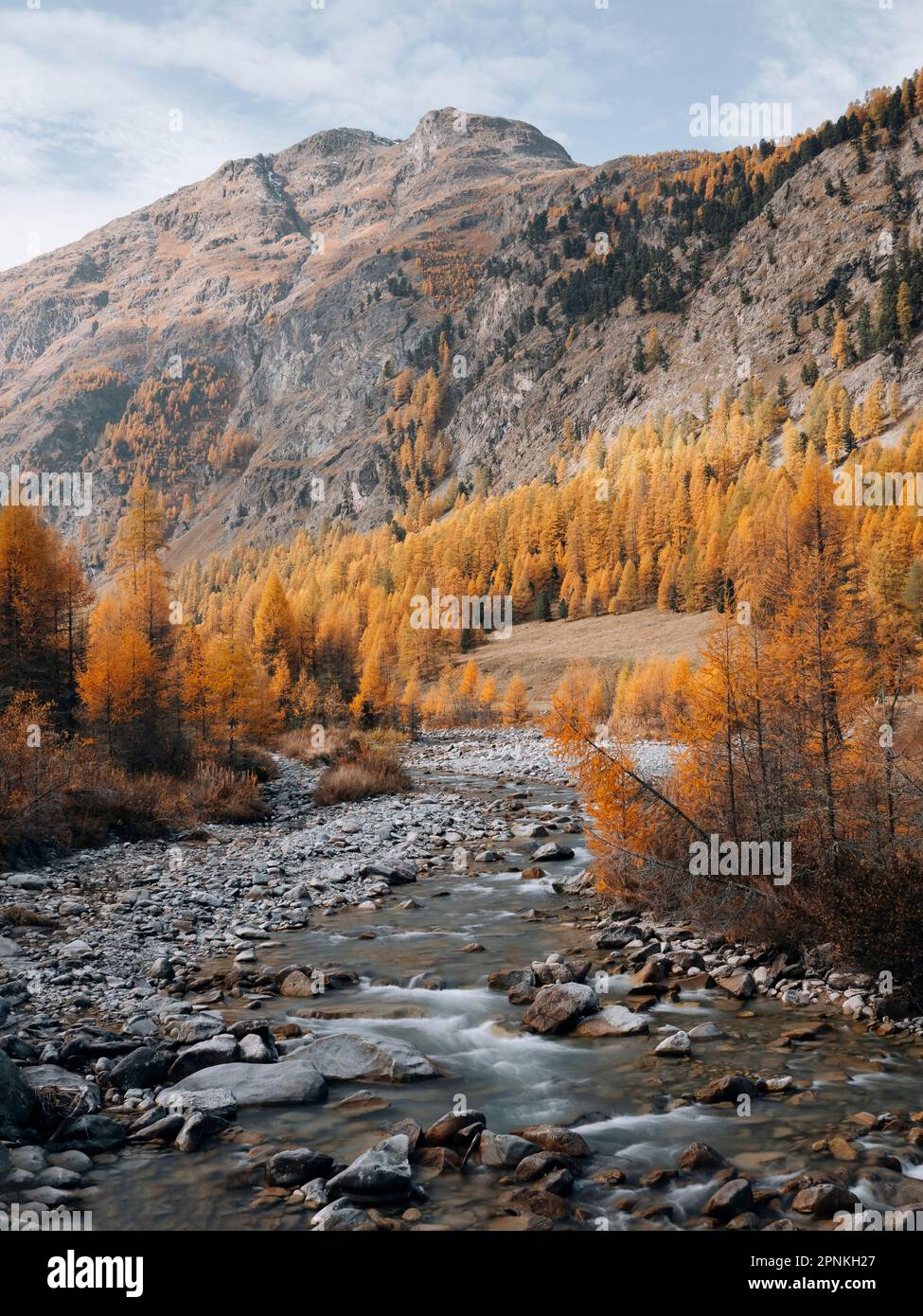 Val Roseg in a beautiful autumn scenery, Pontresina Switzerland Stock Photo
