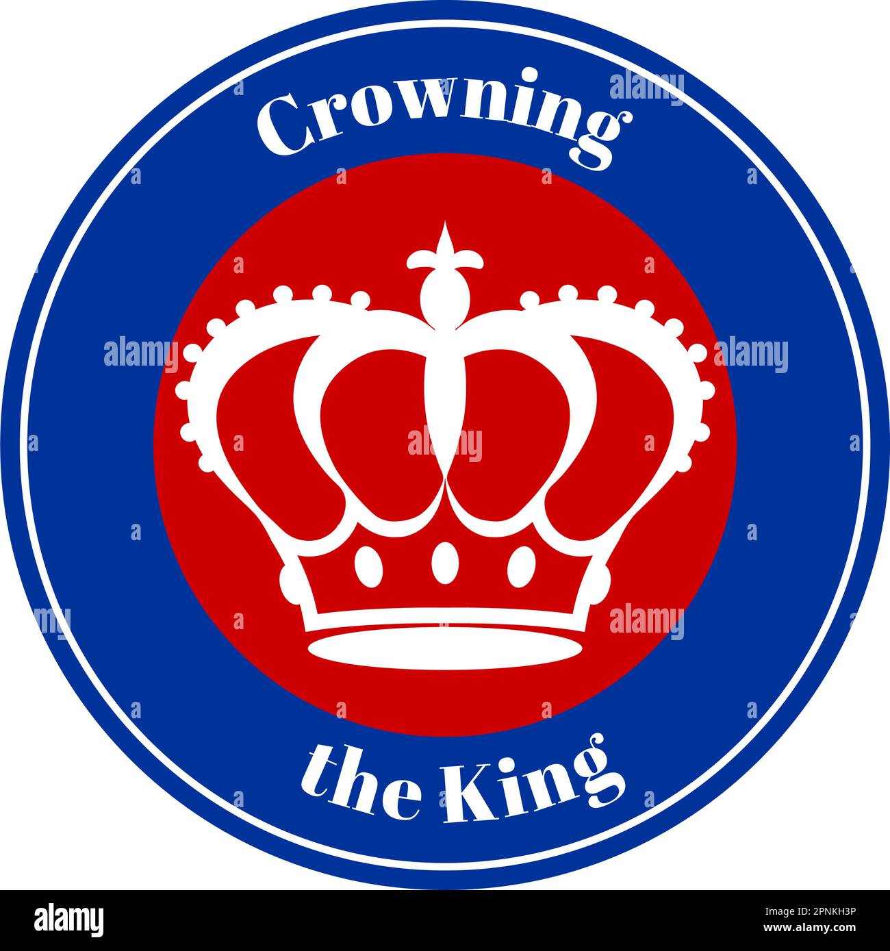 Royal crown on a round red and blue background with the words Coronation of the King in elegant letters. Badge, emblem, logo in honor of the Stock Vector