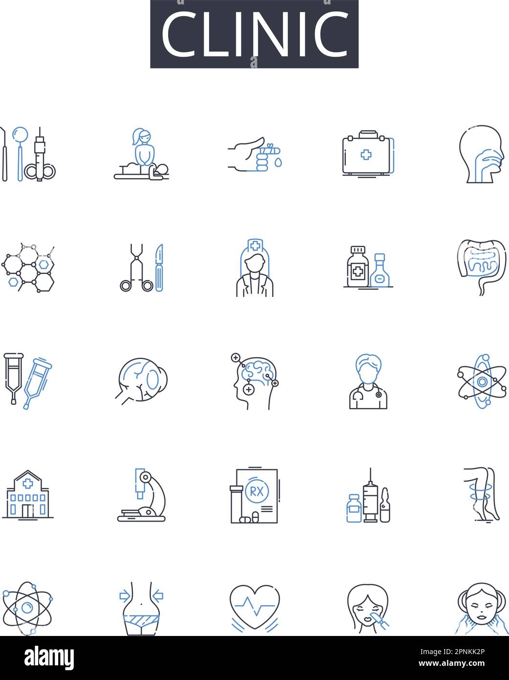 Clinic line icons collection. Hospital, Medical center, Infirmary, Health facility, Doctor's office, Health center, Care center vector and linear Stock Vector