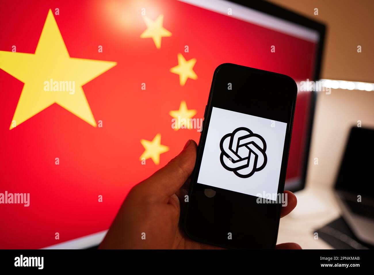 Kyiv, Ukraine - April, 2023: Hold smartphone with OpenAI Chat GPT