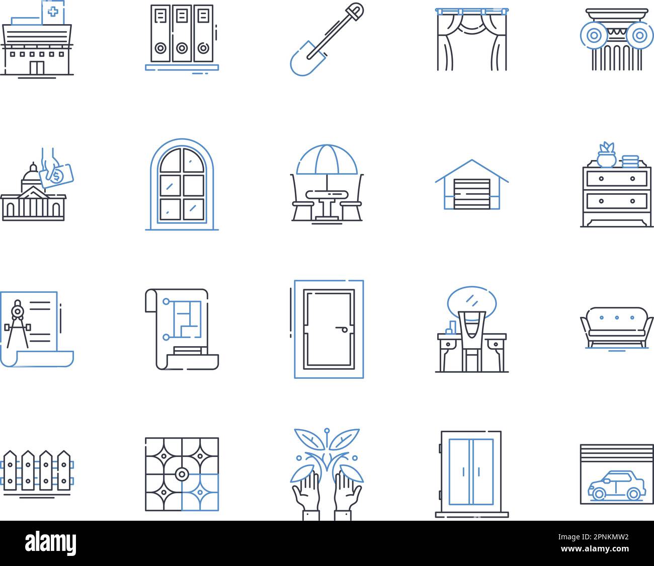 Industrial construction line icons collection. Welding, Fabrication, Assembly, Refining, Millwright, Manufacturing, Concrete vector and linear Stock Vector