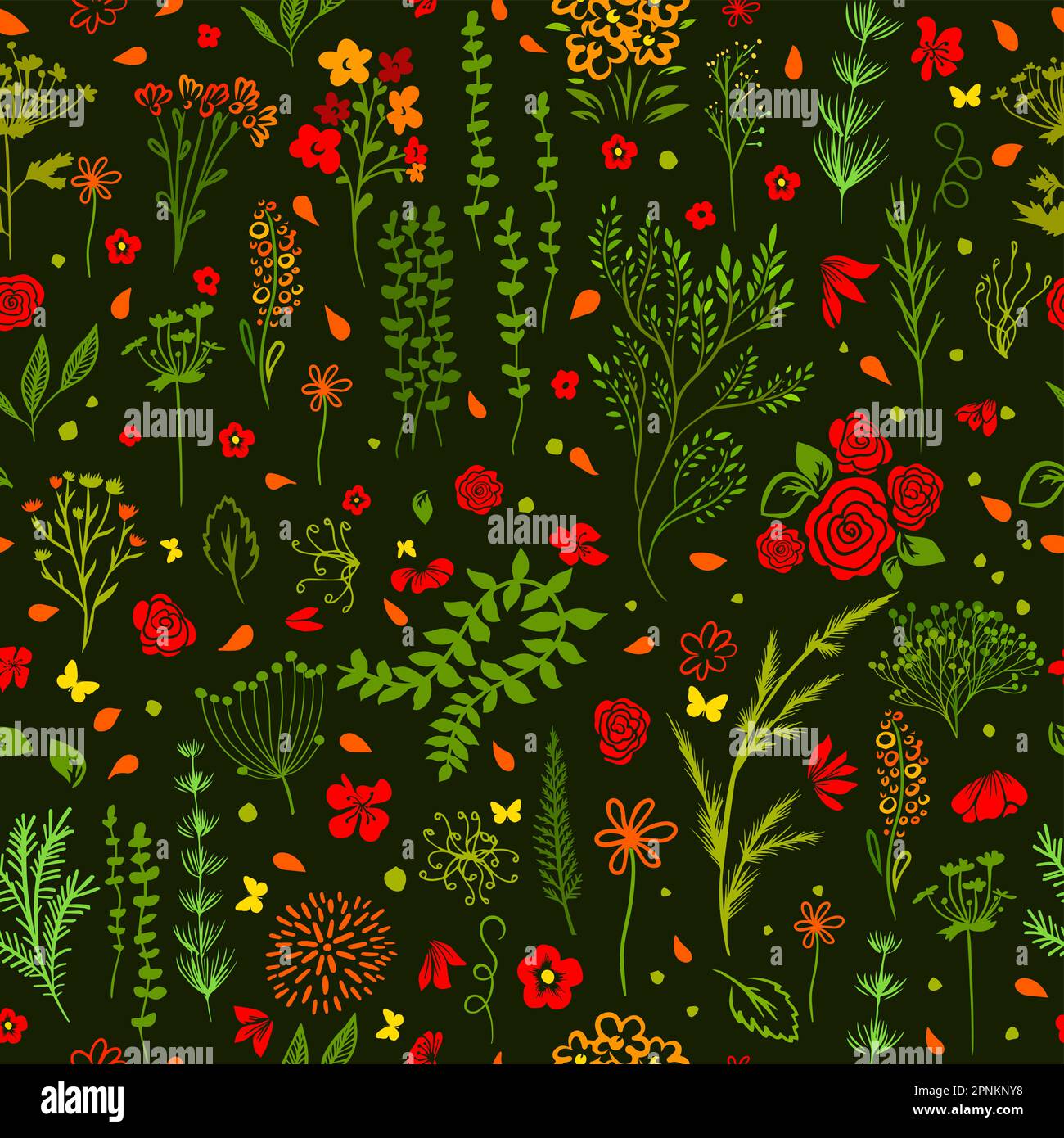 Seamless pattern small wild flowers on a black background. Vector ...