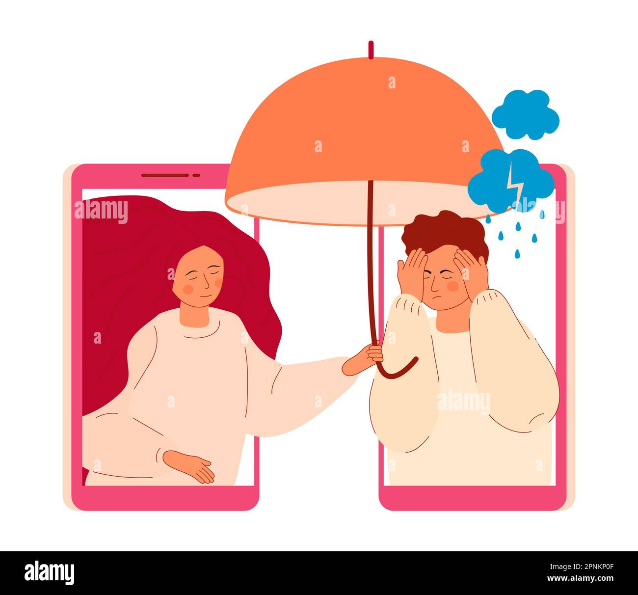 Online psychology help. Panic attack of man concept vector. Doctor of psychiatry taking umbrella and protect from rain. Stock Vector