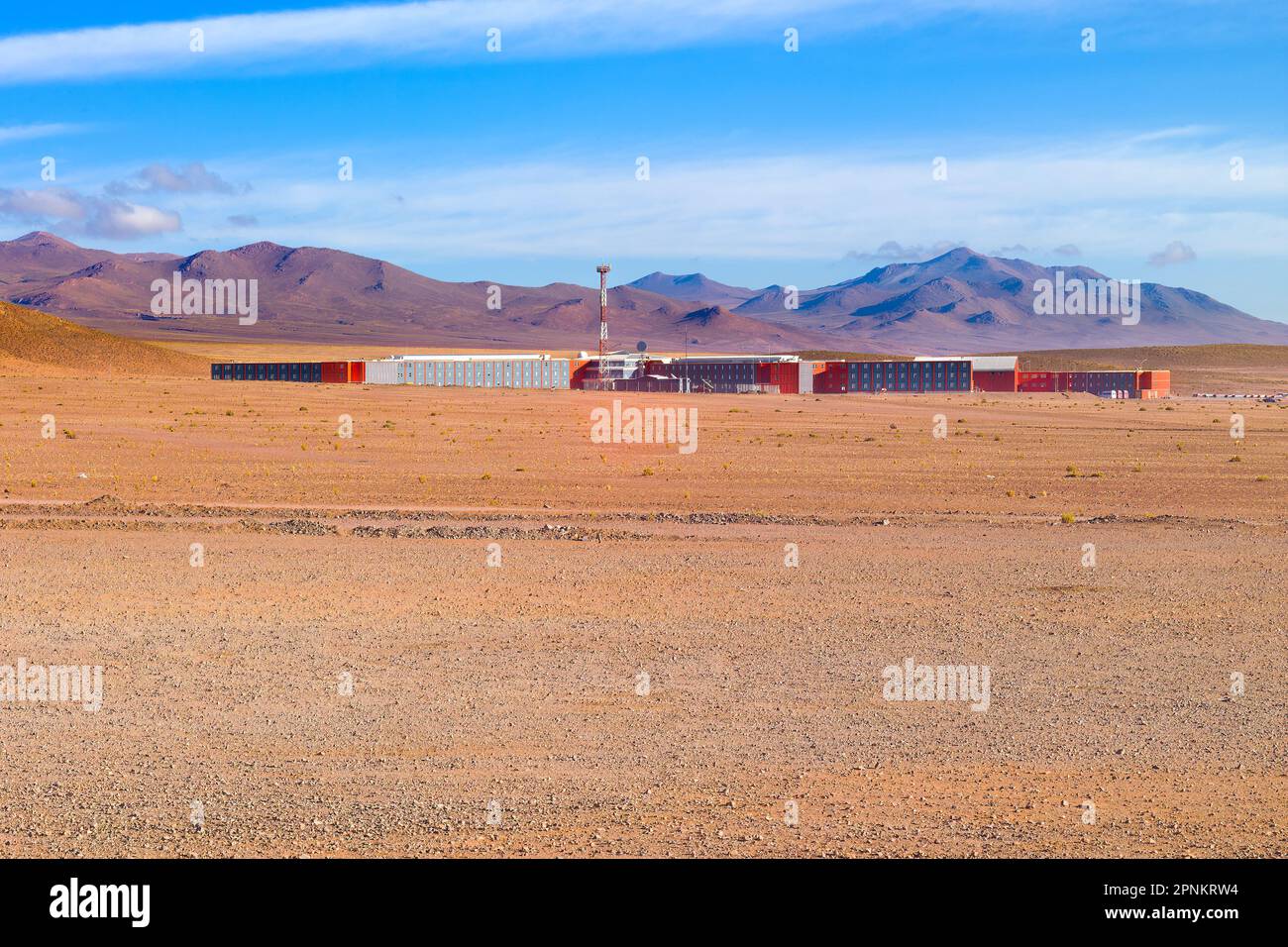 A mining camp high in the Andean highlands made out of shipping containers, Chile Stock Photo