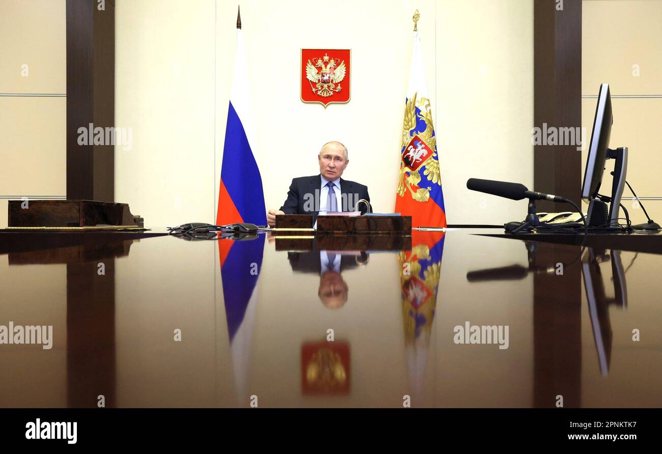 Novo-Ogaryovo, Russia. 19th Apr, 2023. Russian President Vladimir Putin holds a virtual meeting with the government officials from the official residence at Novo-Ogaryovo, April 19, 2023 outside Moscow, Russia. Credit: Gavriil Grigorov/Kremlin Pool/Alamy Live News Stock Photo