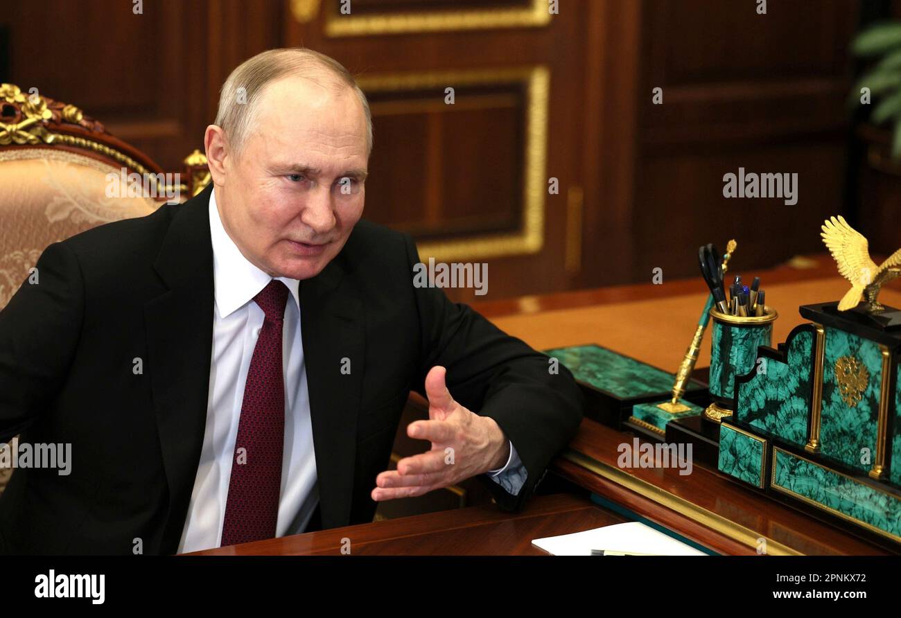 Moscow, Russia. 12 April, 2023. Russian President Vladimir Putin holds a face-to-face meeting with the CEO of the Russian Federal Space Agency Yuri Borisov at the Kremlin, April 12, 2023 in Moscow, Russia.  Credit: Gavriil Grigorov/Kremlin Pool/Alamy Live News Stock Photo