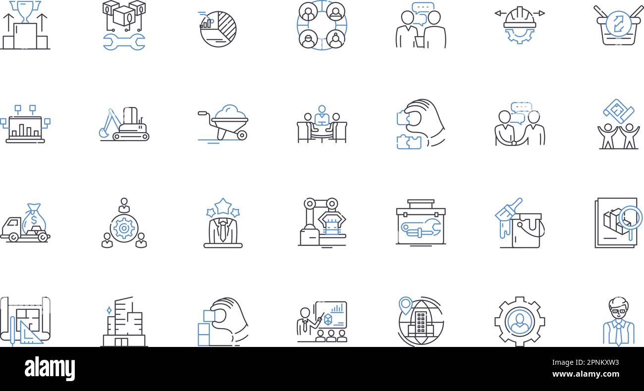 Assembly-line work line icons collection. Conveyor, Production, Efficiency, Automation, Pacing, Batching, Inspection vector and linear illustration Stock Vector