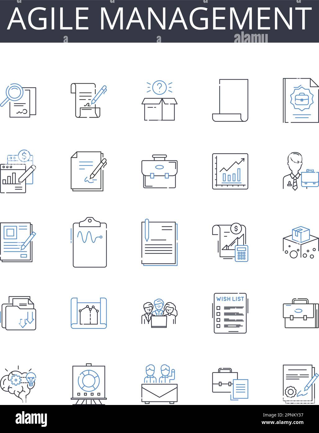 Agile management line icons collection. Lean leadership, Dynamic planning, Adaptive strategy, Proactive approach, Integrated teamwork, Creative Stock Vector