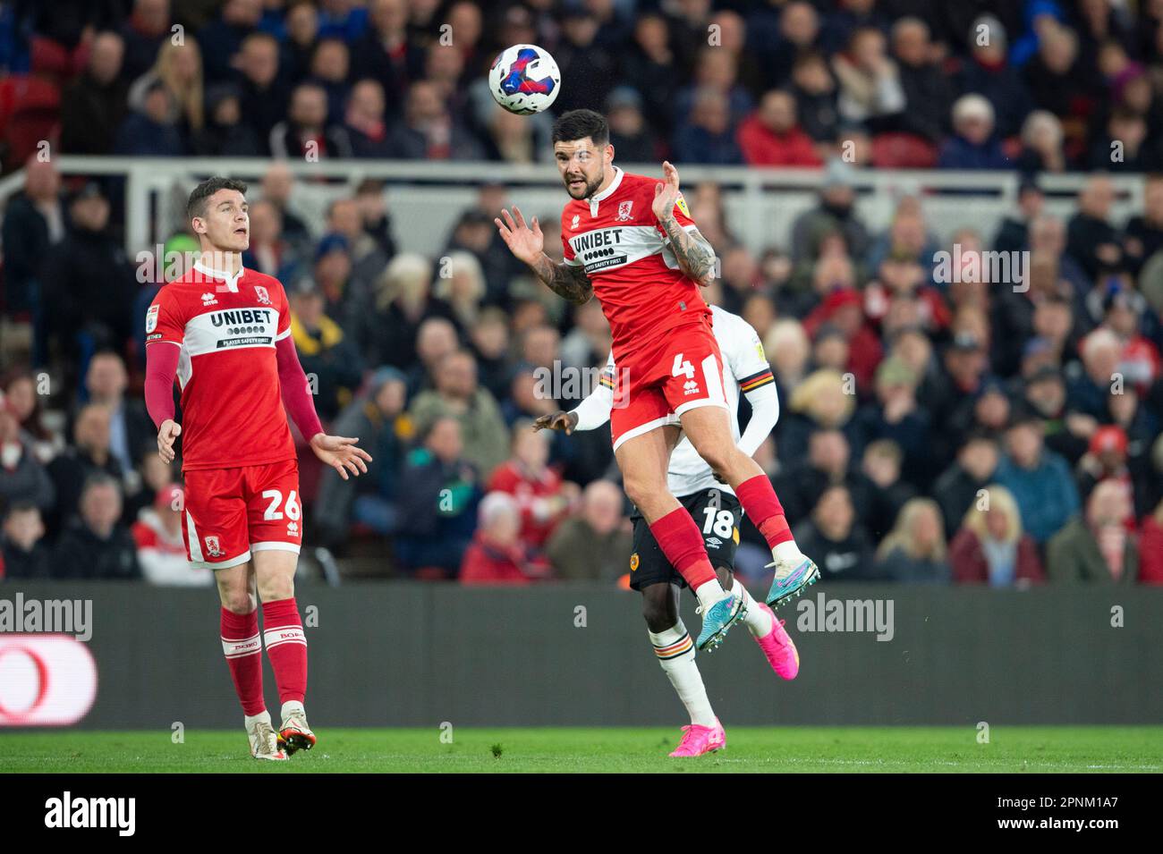 Middlesbrough's Alex Mowatt heads the ball back during the Sky Bet Championship match between Middlesbrough and Hull City at the Riverside Stadium, Middlesbrough on Wednesday 19th April 2023. (Photo: Trevor Wilkinson | MI News) Credit: MI News & Sport /Alamy Live News Stock Photo
