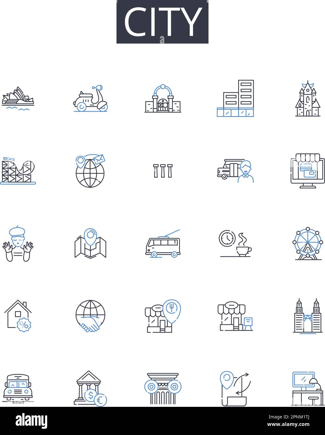City line icons collection. Town, Metropolis, Capital, Municipality, Township, Settlement, Conurbation vector and linear illustration. Urban area Stock Vector