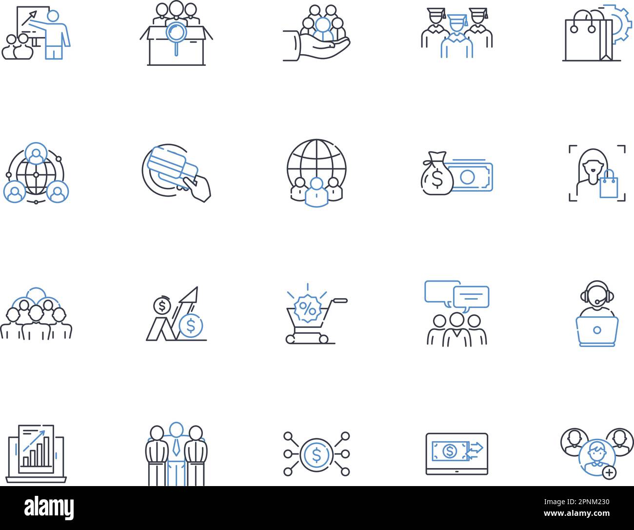Financial analytics line icons collection. Forecasting, Budgeting, Variance, Optimization, Performance, Valuation, Risk vector and linear illustration Stock Vector