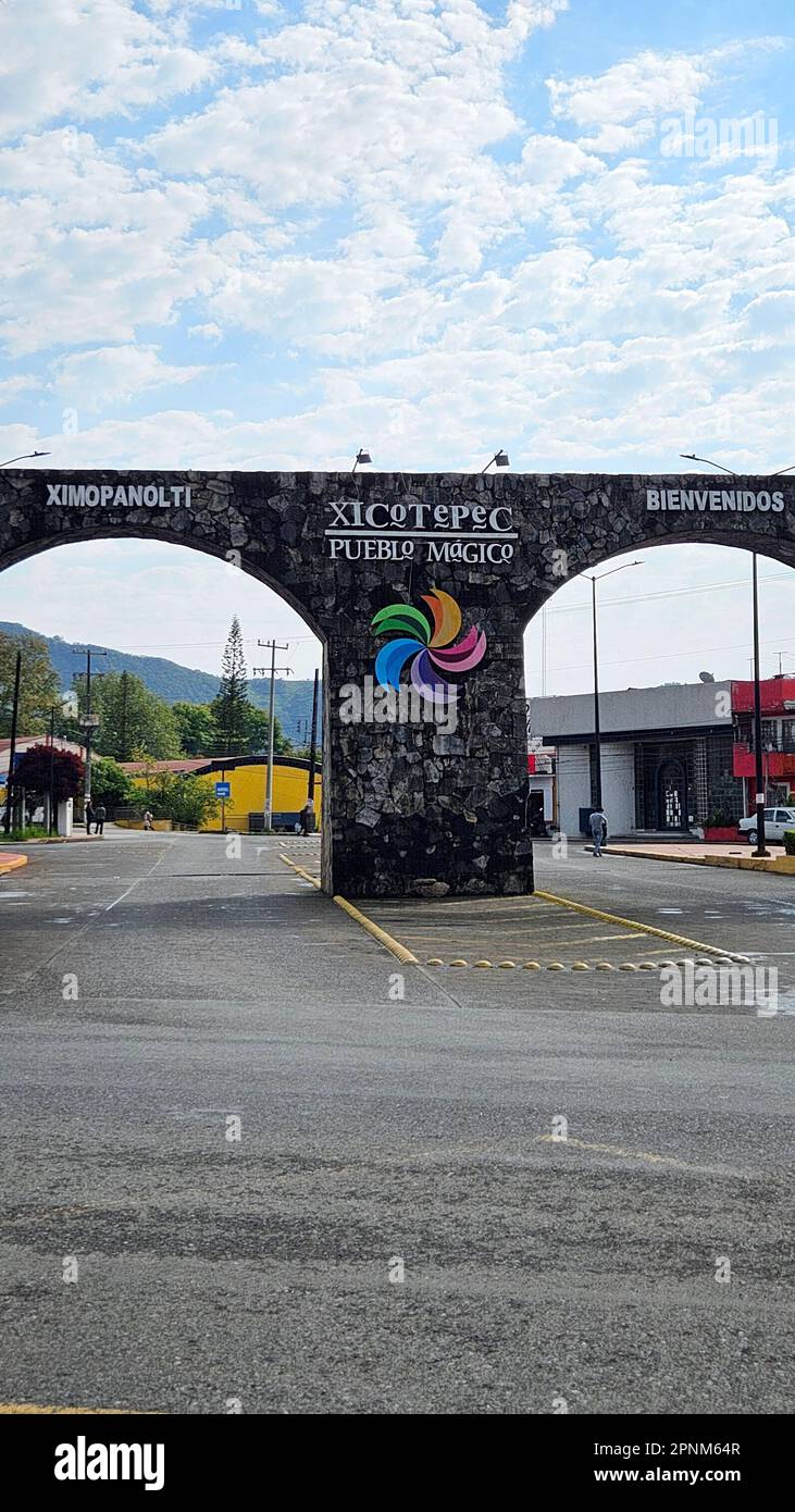 Xicotepec, Puebla, Mexico - Apr 17 2023: Entrance to the magical Mexican town located in the northern Sierra of the state of Puebla Stock Photo