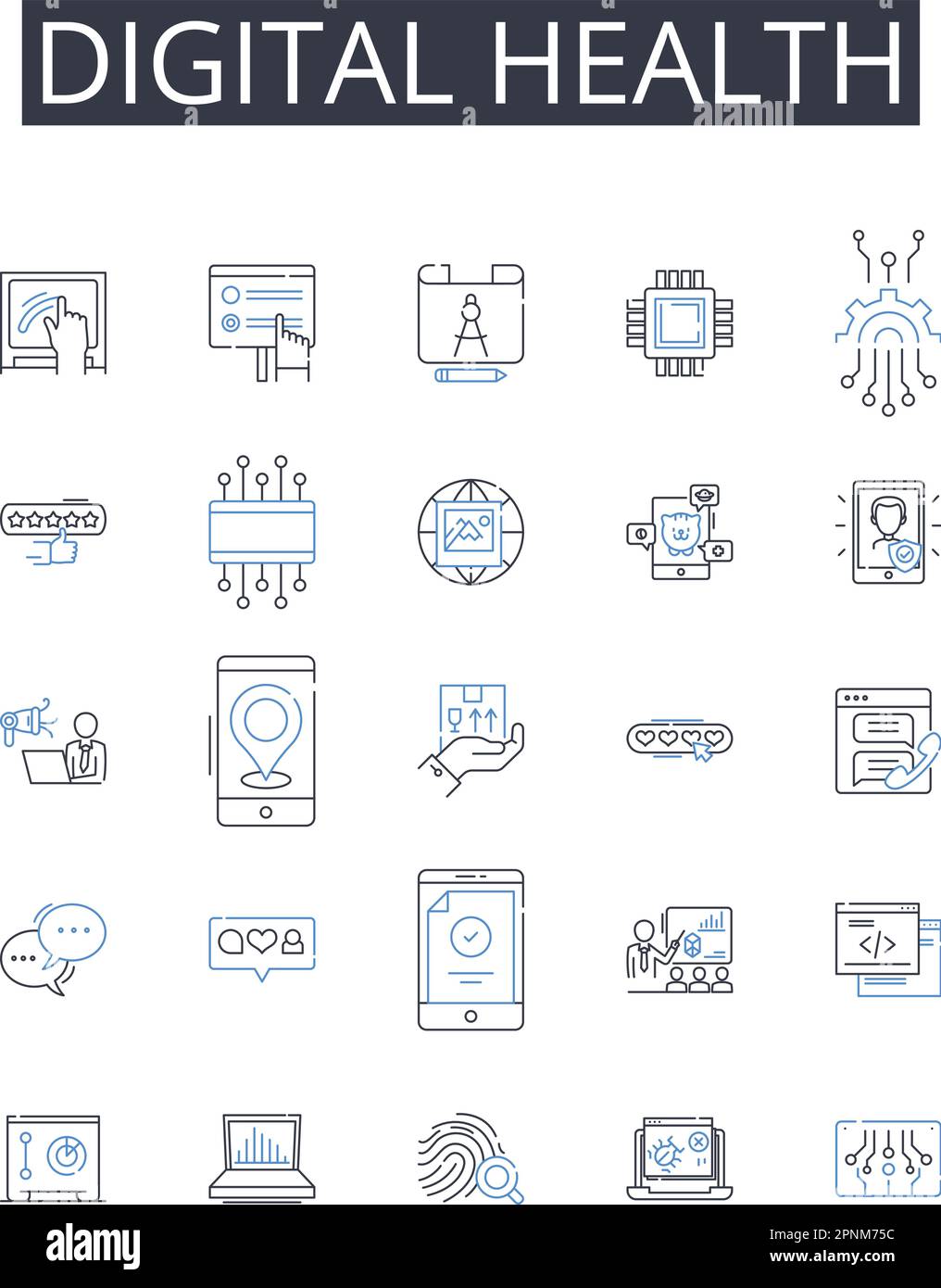 Digital health line icons collection. Nanoparticles, Synthesis, Nanorobotics, Quantum, Miniature, Hybrid, Engineering vector and linear illustration Stock Vector