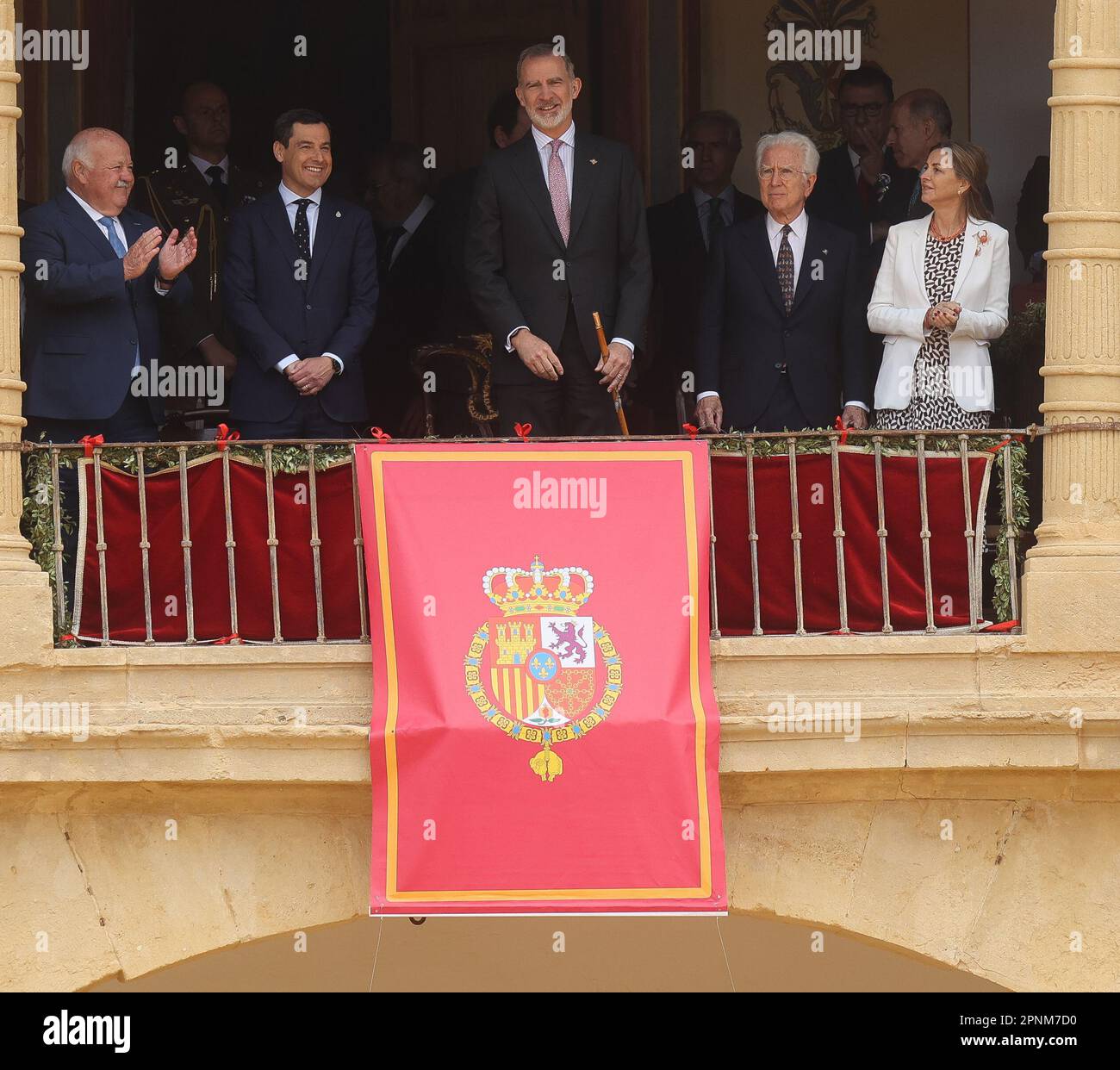 April 19, 2023: April 19, 2023 (Ronda, Malaga) Felipe VI is received by dozens of people upon his arrival at the bullring to participate in the commemoration of the 450th anniversary of the Real Maestranza de CaballerÃ-a de Ronda. It was attended by some 2,500 schoolchildren from the SerranÃ-a de Ronda. (Credit Image: © Lorenzo Carnero/ZUMA Press Wire) EDITORIAL USAGE ONLY! Not for Commercial USAGE! Stock Photo