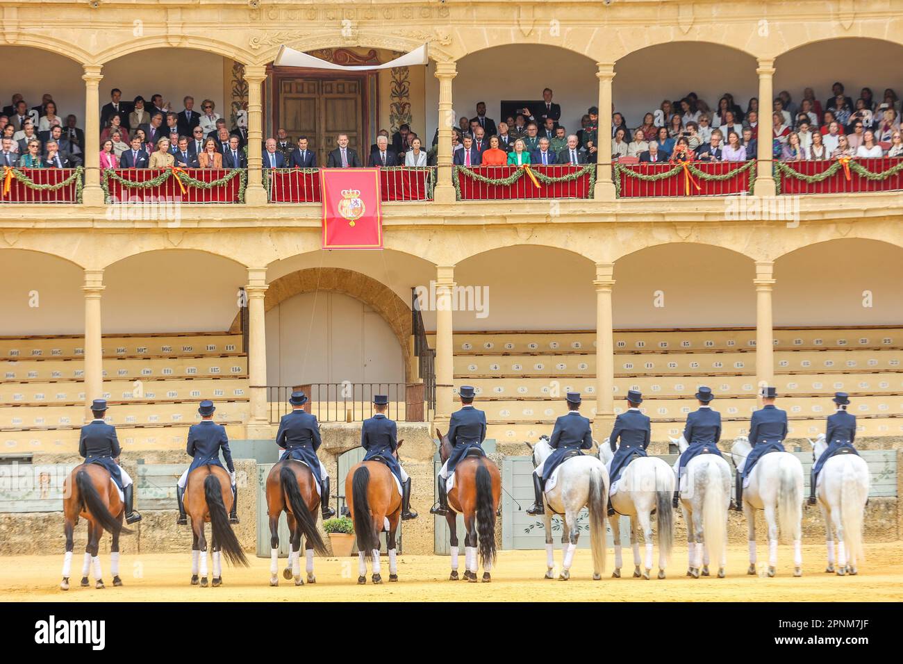 April 19, 2023: April 19, 2023 (Ronda, Malaga) Felipe VI is received by dozens of people upon his arrival at the bullring to participate in the commemoration of the 450th anniversary of the Real Maestranza de CaballerÃ-a de Ronda. It was attended by some 2,500 schoolchildren from the SerranÃ-a de Ronda. (Credit Image: © Lorenzo Carnero/ZUMA Press Wire) EDITORIAL USAGE ONLY! Not for Commercial USAGE! Stock Photo