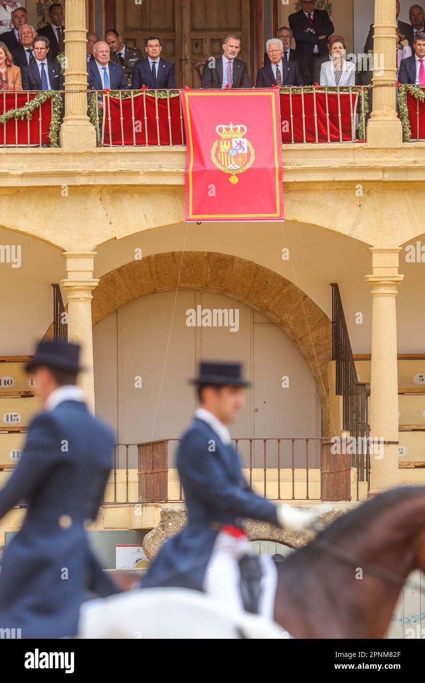 April 19, 2023: April 19, 2023 (Ronda, Malaga) Felipe VI is received by dozens of people upon his arrival at the bullring to participate in the commemoration of the 450th anniversary of the Real Maestranza de CaballerÃ-a de Ronda. It was attended by some 2,500 schoolchildren from the SerranÃ-a de Ronda. (Credit Image: © Lorenzo Carnero/ZUMA Press Wire) EDITORIAL USAGE ONLY! Not for Commercial USAGE! Stock Photo