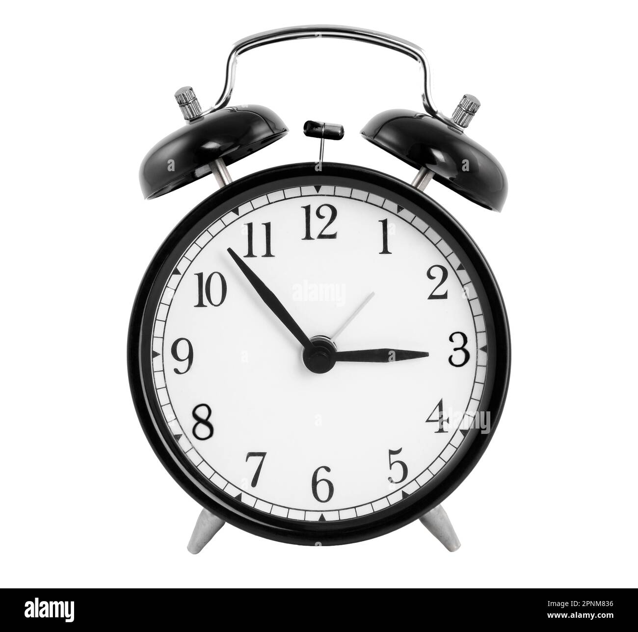 Black vintage old style alarm clock isolated on white background Stock