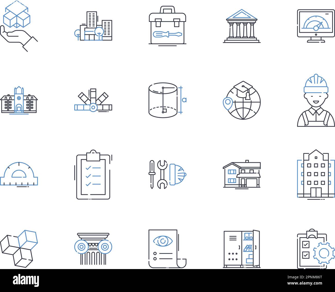 Industrial machinery line icons collection. Automation, Assembly, Conveyors, Drilling, Fabrication, Forging, Injection vector and linear illustration Stock Vector