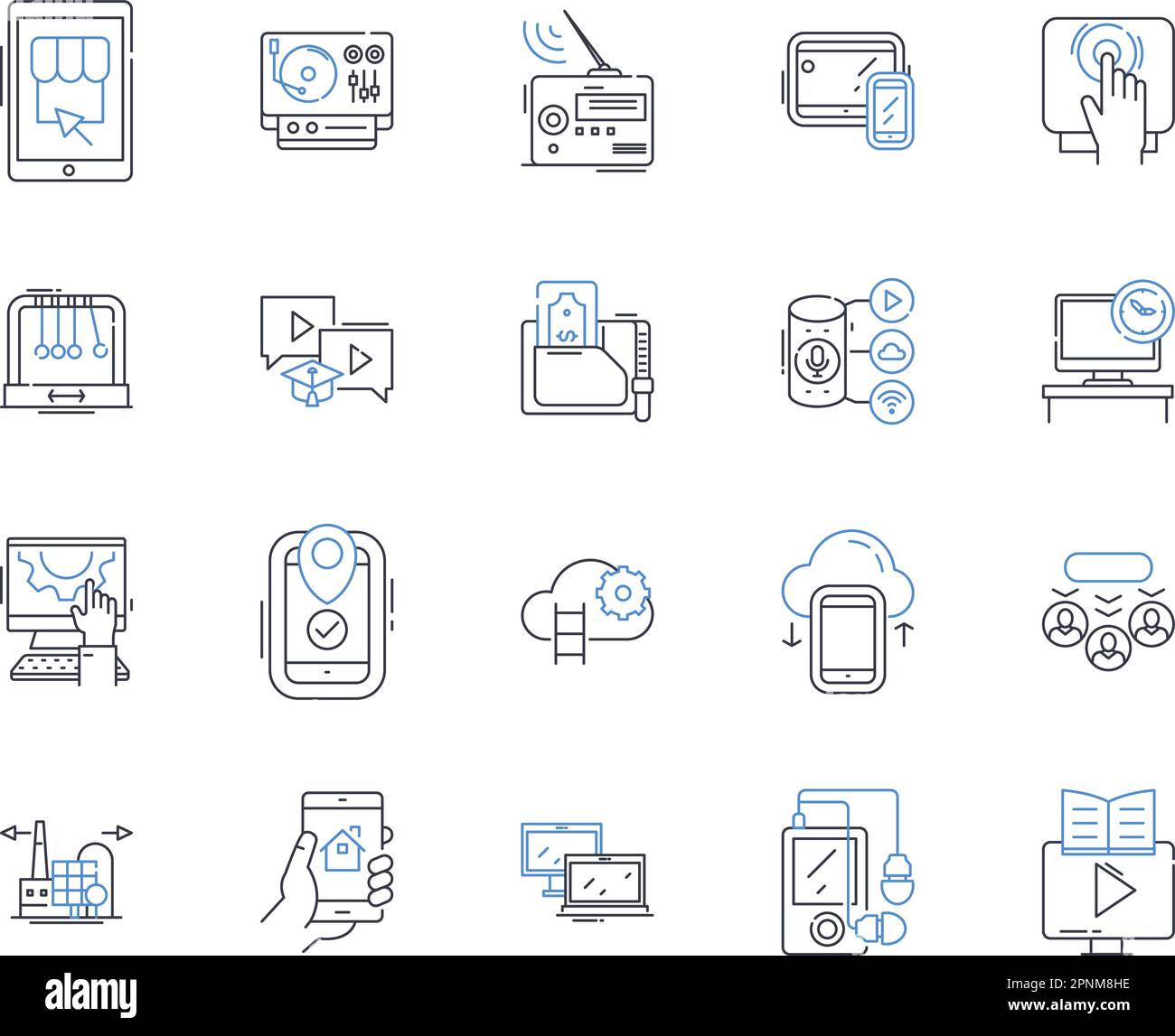 Mechanisms line icons collection. Gears, Springs, Levers, Cams, Belts, Chains, Pulleys vector and linear illustration. Shafts,Pistons,Couplings Stock Vector