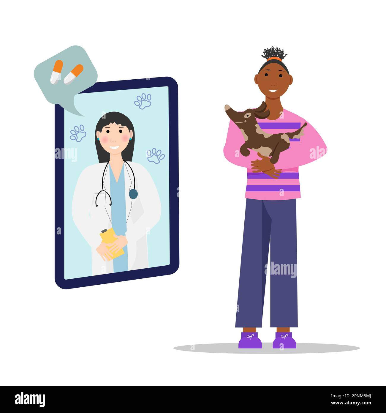 Online medicine for animals. A black girl consults a doctor. Vector illustration.  Stock Vector
