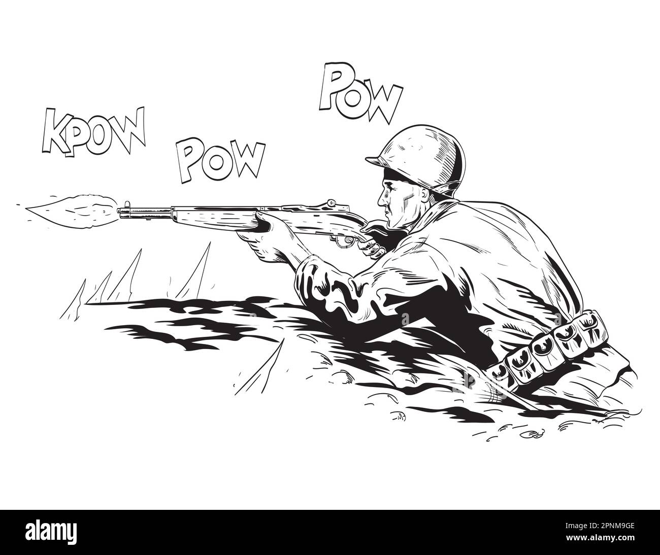 Comics style drawing or illustration of a World War Two American GI soldier aiming firing rifle in foxhole viewed from side on isolated background don Stock Photo