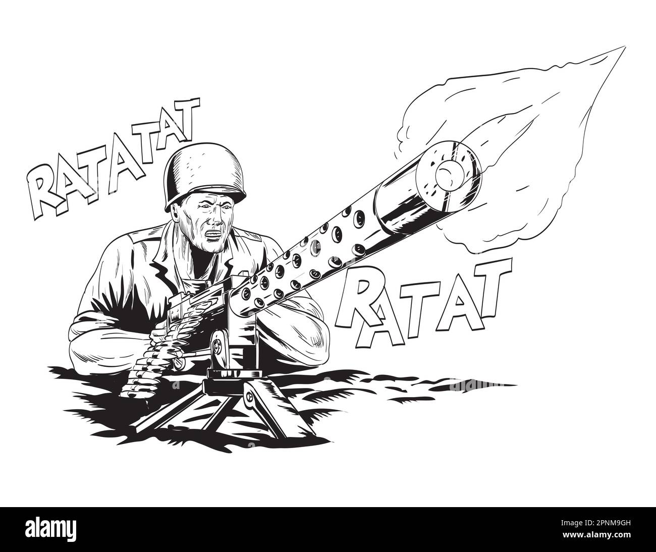 Comics style drawing or illustration of a World War Two American GI soldier aiming firing a machine gun viewed from front on low angle on isolated bac Stock Photo