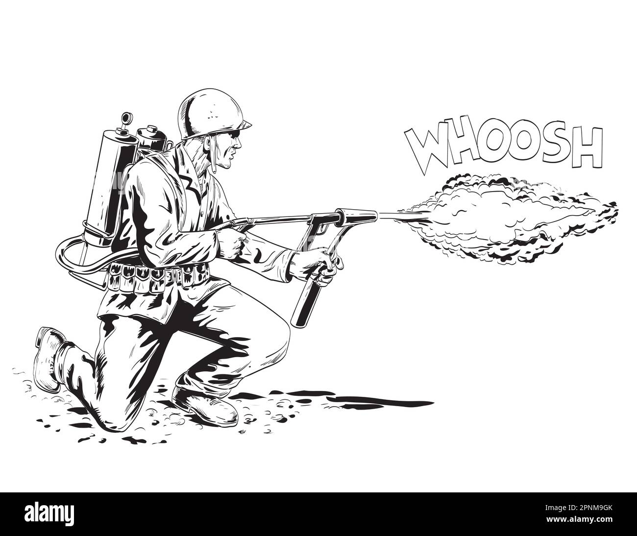 Comics style drawing or illustration of a World War Two American GI soldier firing M2 flamethrower side view  on isolated background done in black and Stock Photo