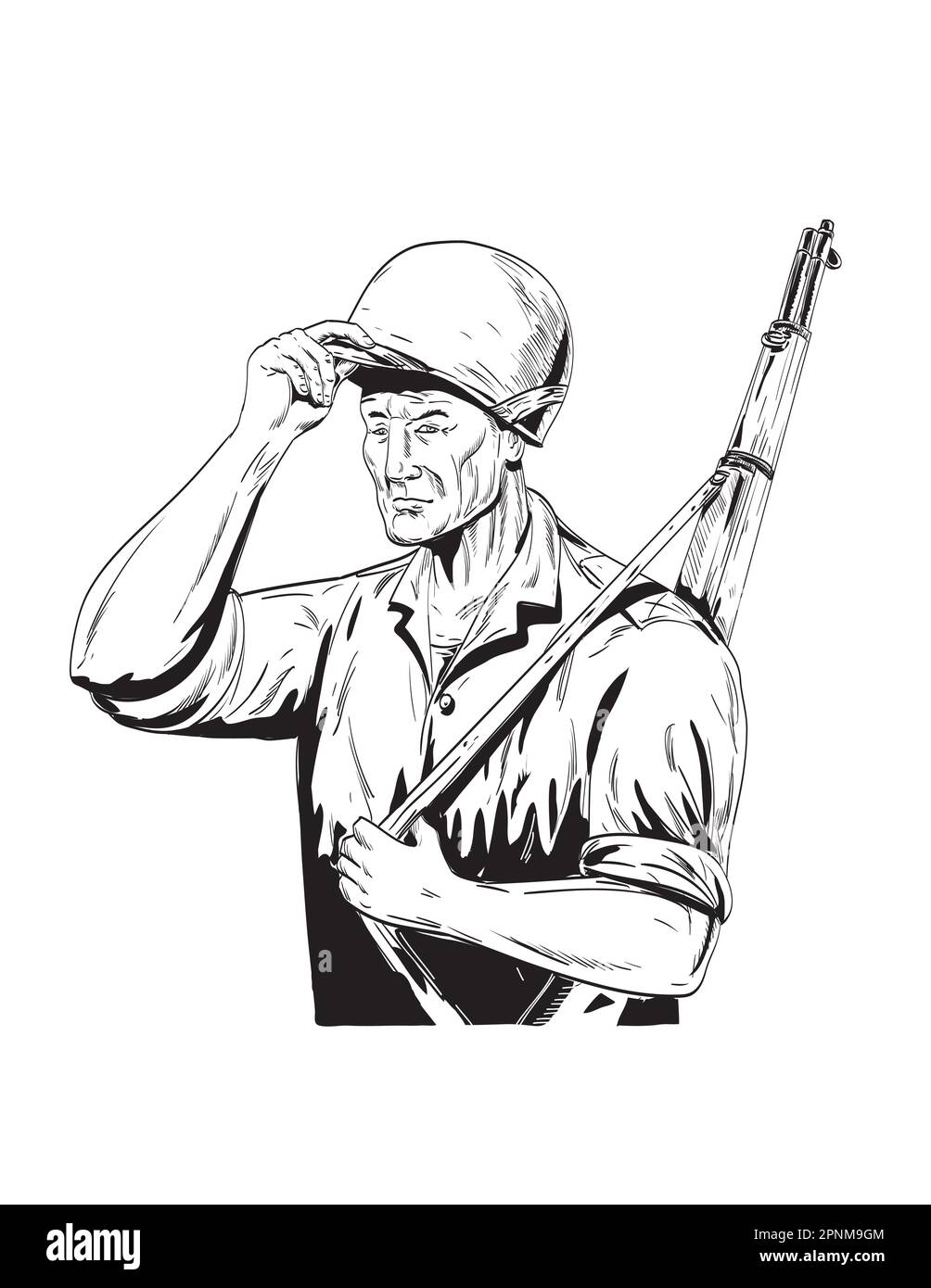 Comics style drawing or illustration of a World War Two American GI soldier tipping lifting his helmet viewed from side on isolated background done in Stock Photo