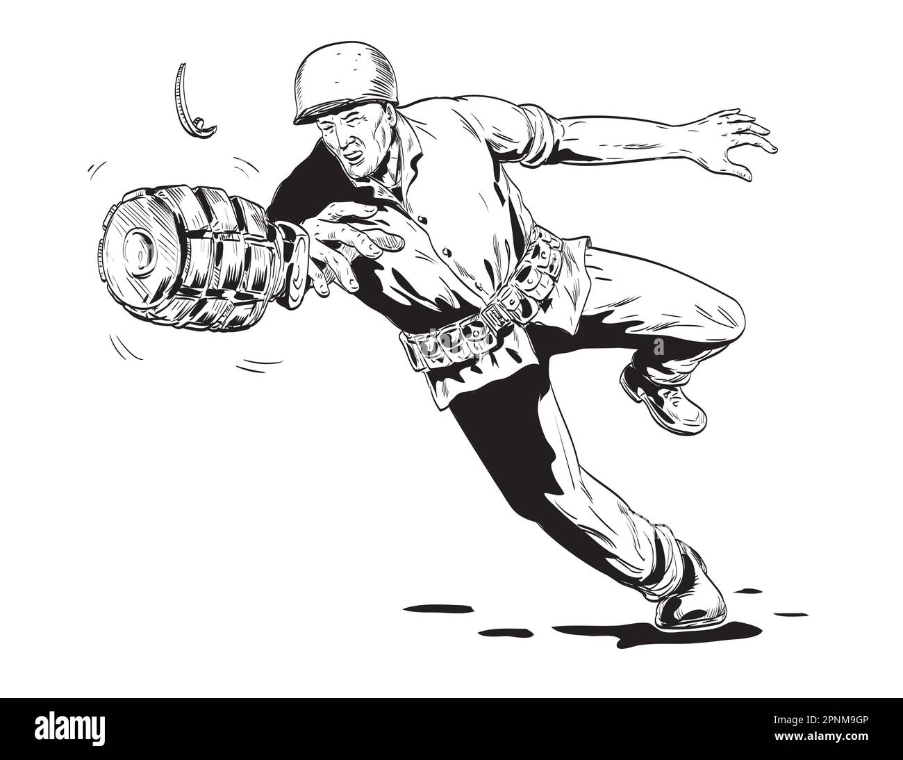 Comics style drawing or illustration of a World War Two American GI soldier throwing hand grenade viewed from front on isolated background done in bla Stock Photo