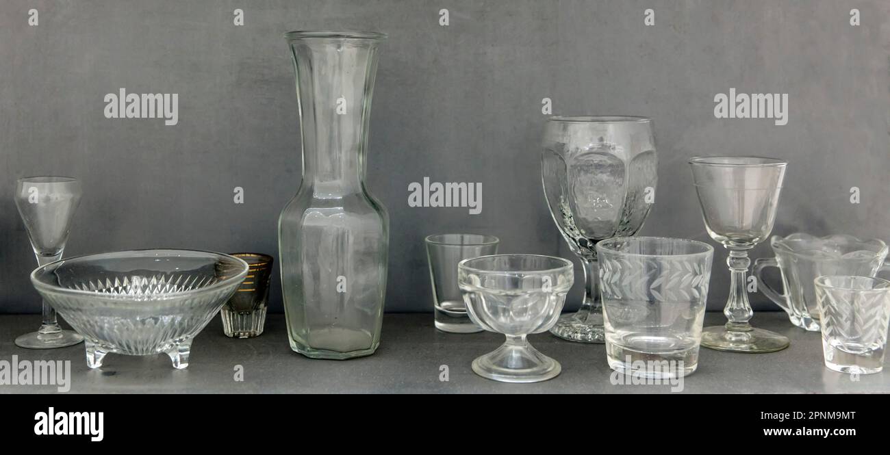 Vintage glassware found-objects part of artwork by Jannis Kounellis (1936 - 2017)  member of Arte Povera (Poor Art) movement in Italy Stock Photo