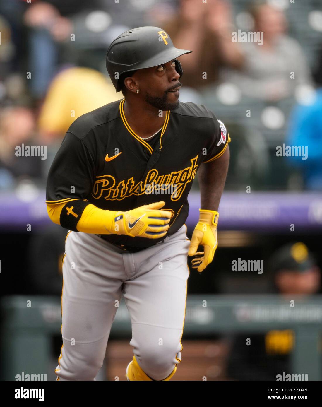Pittsburgh Pirates right fielder Andrew McCutchen (22) in the second inning  of a baseball game Wednesday, April 19, 2023, in Denver. (AP Photo/David  Zalubowski Stock Photo - Alamy