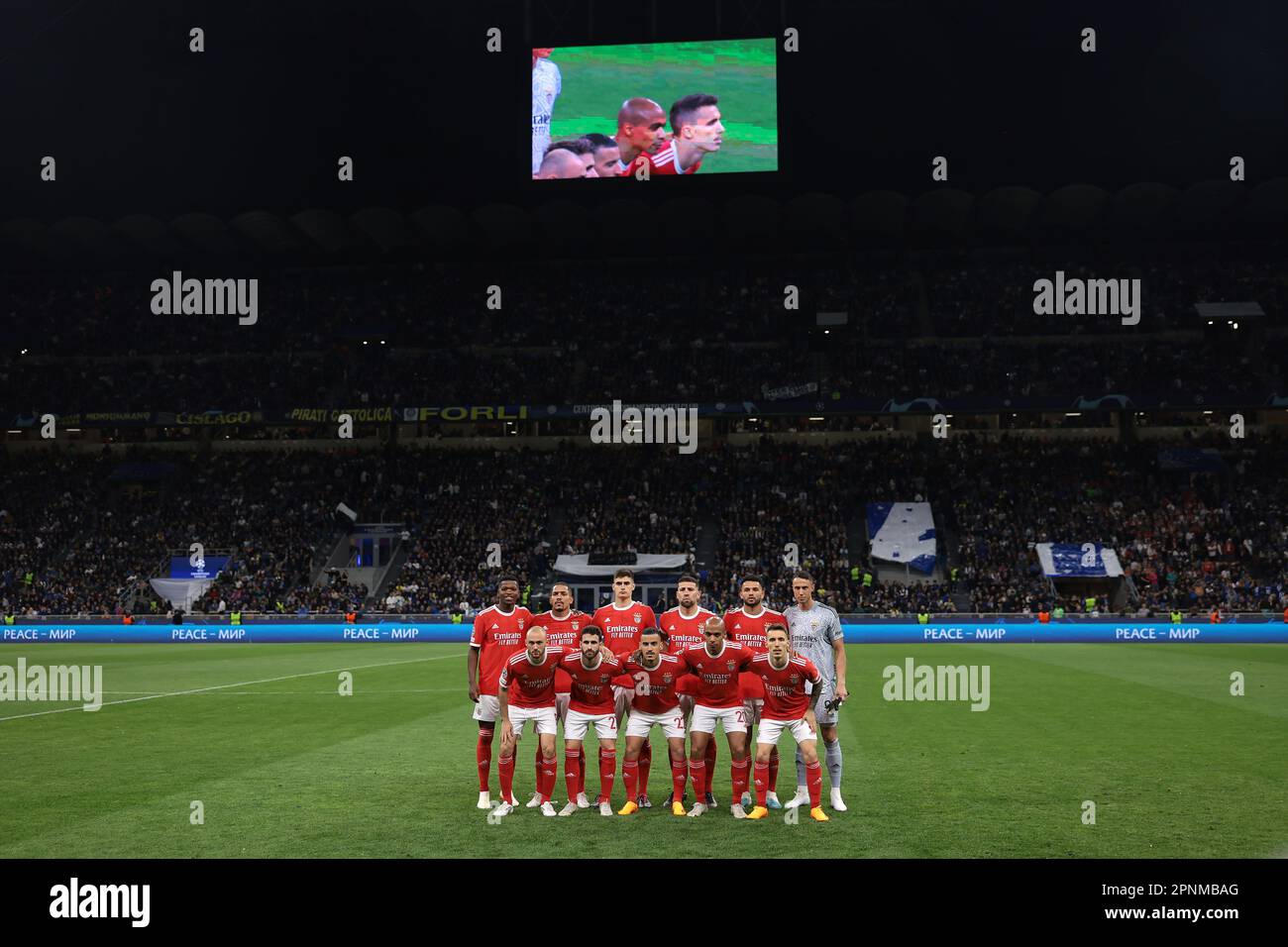 Milan, Italy. 19th Apr, 2023. The SL Benfica starting eleven line up for a team photo prior to kick off, back row ( L to R ); Florentino, Gilberto, Antonio Silva, Nicolas Otamendi, Goncalo Ramos and Odysseas Vlachodimos, front row ( L to R ); Fredric Aursnes, Rafa Silva, Chiquinho, Joao Mario, and Alejandro Grimaldo, in the UEFA Champions League match at Giuseppe Meazza, Milan. Picture credit should read: Jonathan Moscrop/Sportimage Credit: Sportimage/Alamy Live News Stock Photo