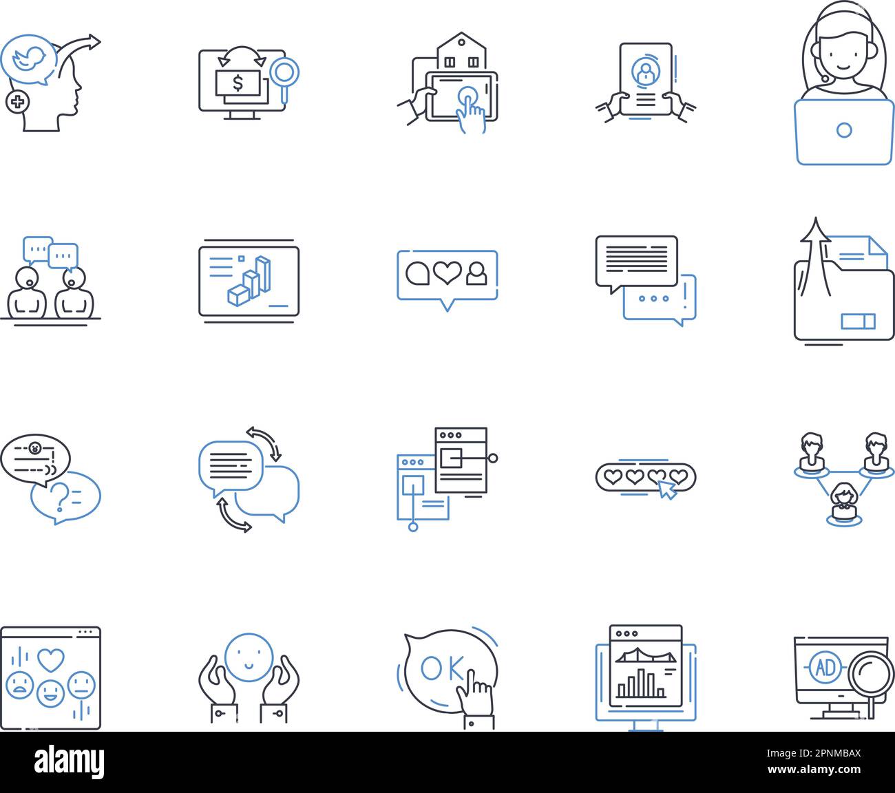 Mobile advertising line icons collection. Adtech, App, Banner, Clickthrough, Conversion, CPI Cost per Install, CTR Clickthrough Rate vector and linear Stock Vector