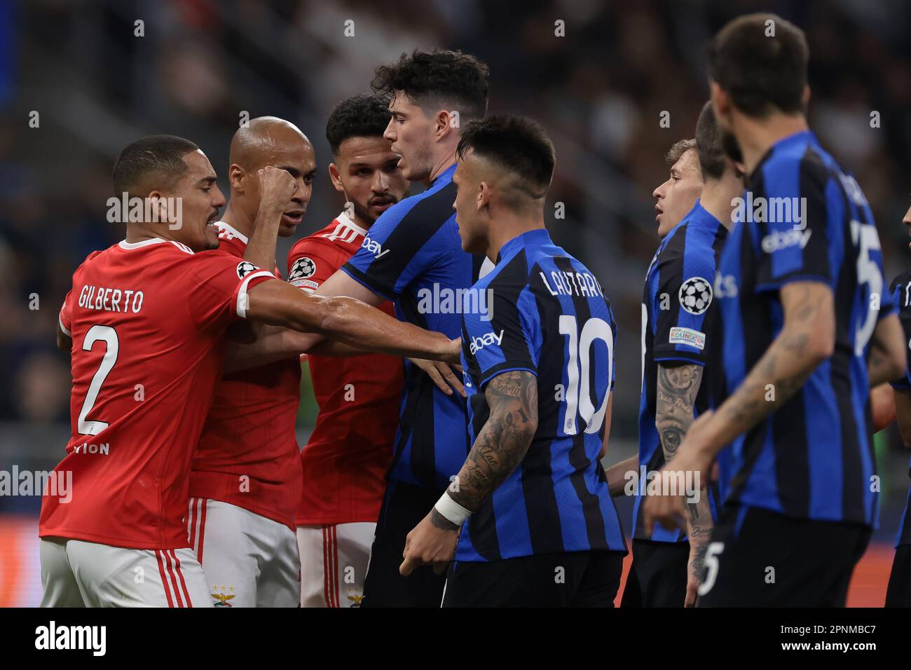 Milan, Italy. 19th Apr, 2023. Gilberto and Gonzalo Ramos of SL Benfica step in as Lautaro Martinez of FC Internazionale squares up to Joao Mario of SL Benfica during the UEFA Champions League match at Giuseppe Meazza, Milan. Picture credit should read: Jonathan Moscrop/Sportimage Credit: Sportimage/Alamy Live News Stock Photo