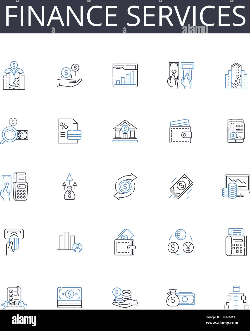 Finance services line icons collection. Banking, Investment, Accounting, Wealth management, Asset management, Financial planning, Insurance vector and Stock Vector
