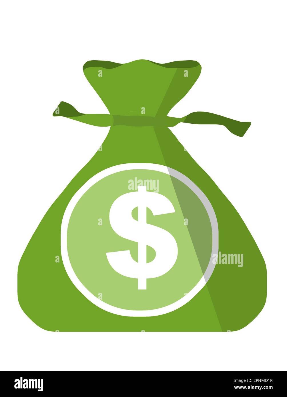 A green money bag with a dollar sign and draw string is seen Isolated