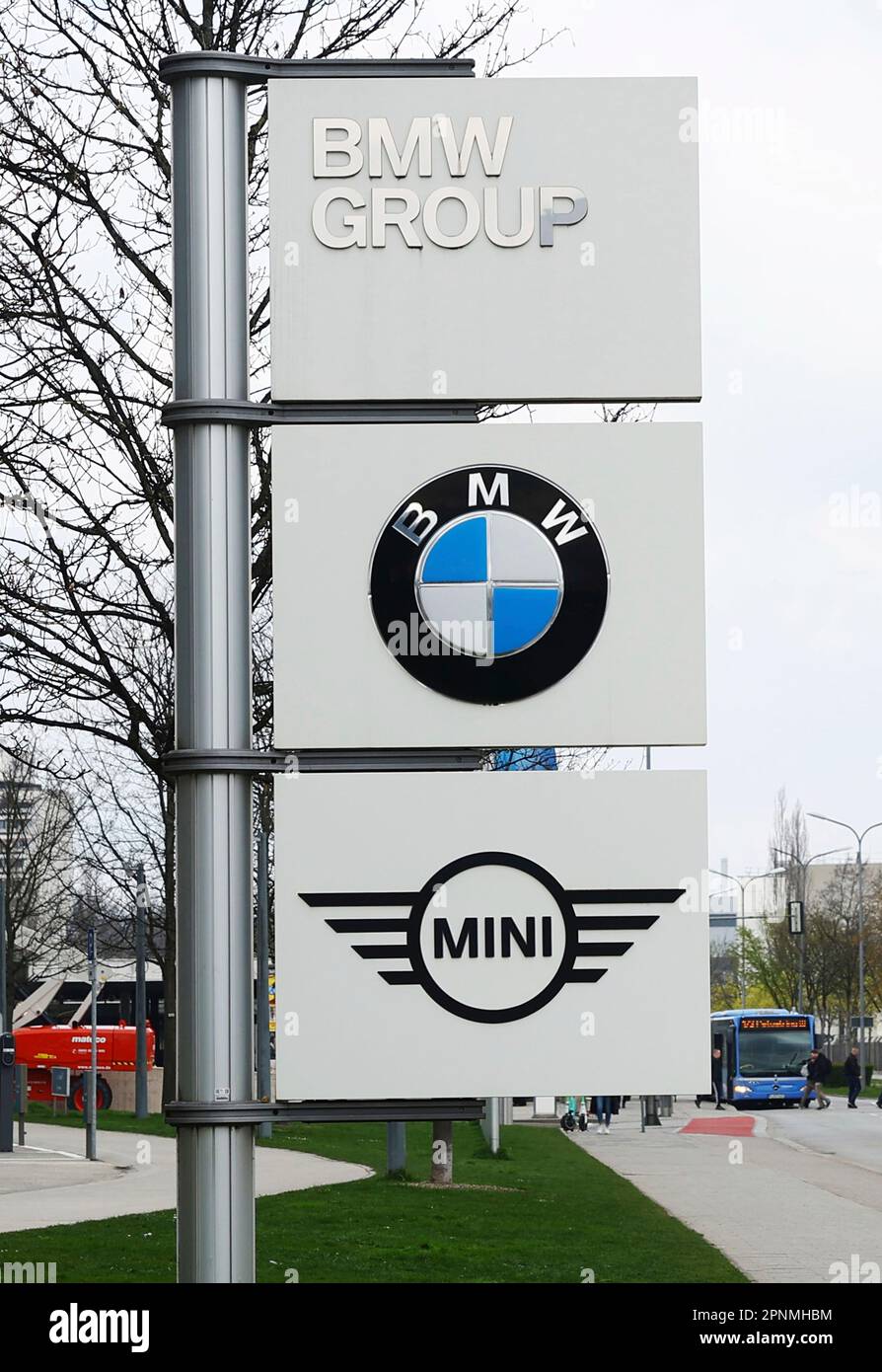 A photo shows logo of BMW (Bayerische Motoren Werke AG) at its headquarters  in Munich, Bavaria, Germany on April 17, 2023. BMW is a German  multinational manufacturer of luxury vehicles and motorcycles., image size:894x1390