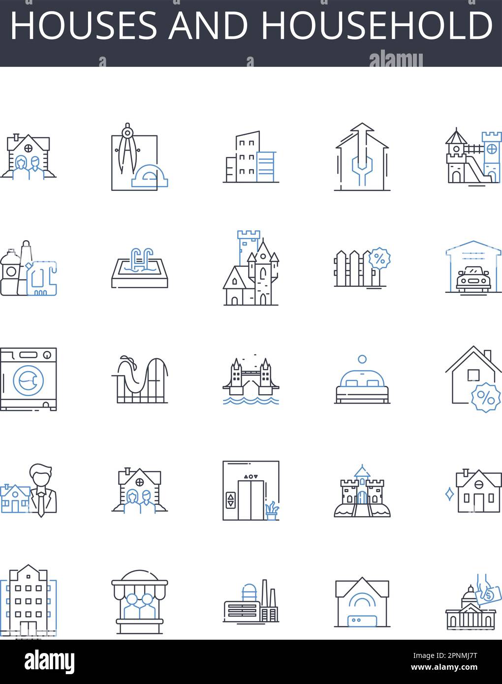 Houses and household line icons collection. Personality, Traits, Character, Behavior, Attitude, Perception, Identity vector and linear illustration Stock Vector
