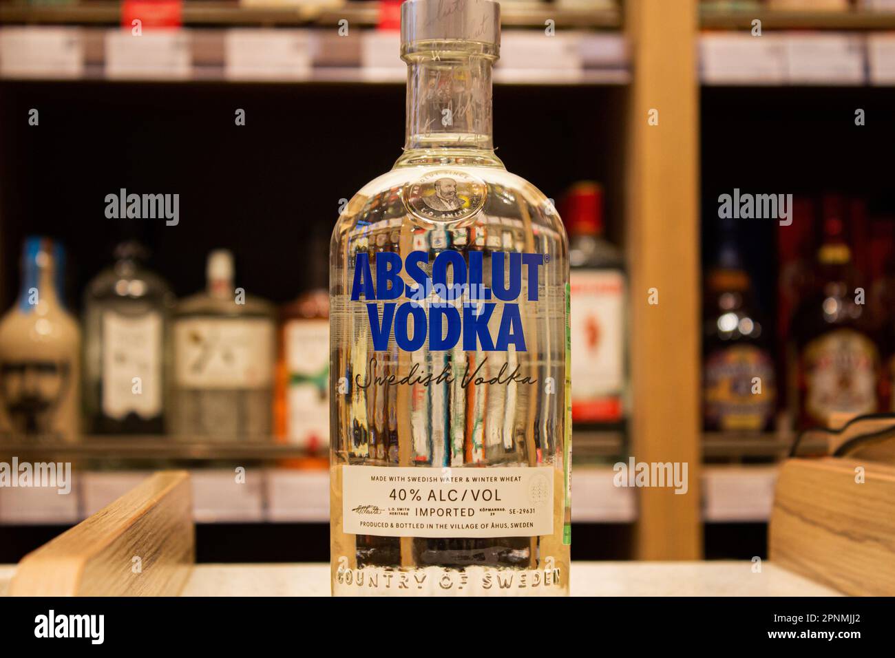 Moscow, Russia. 19th Apr, 2023. A bottle of Swedish vodka, Absolut, is