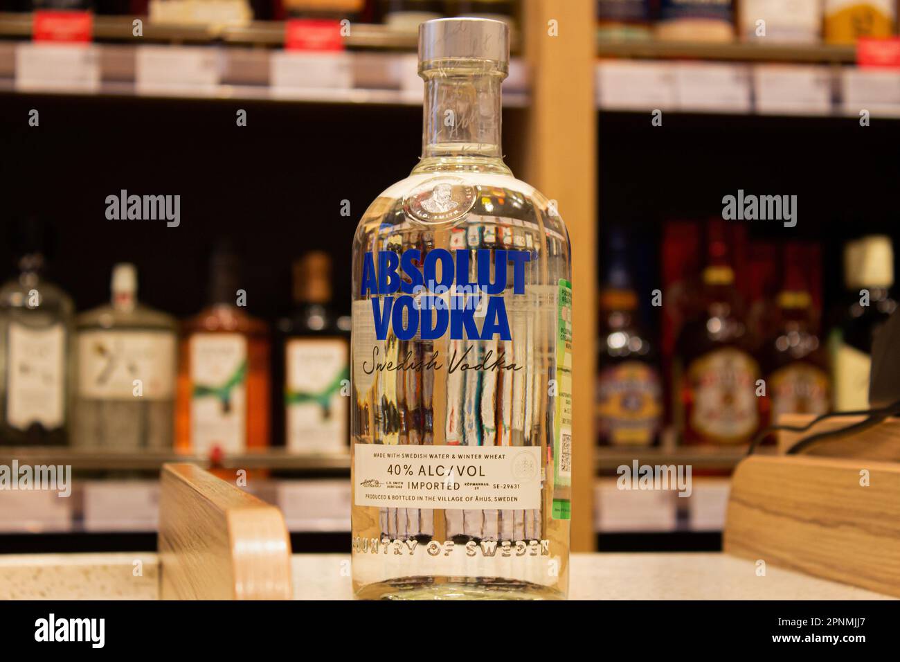 Vodka R350 Moscow, Russia. 19th Apr, 2023. A bottle of Swedish vodka, Absolut, is ...